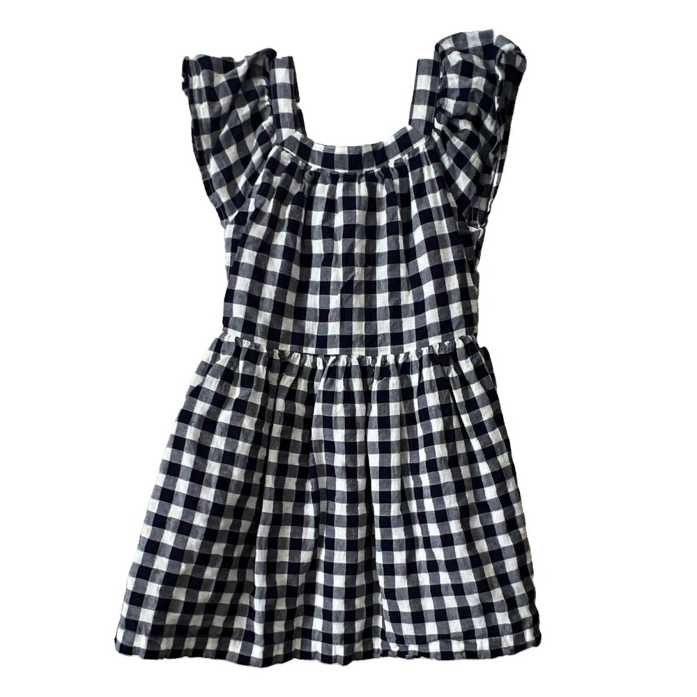 Gap Kids Girls Navy/White Gingham Fit & Flare Dress S Flutter Sleeve Buttons